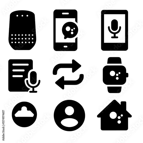 Multi-Device Sync Icons. Solid style icons of multi-device sync: smart speaker icon, phone + assistant icon, tablet voice control,