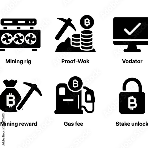 Mining and Staking Icons. Solid style icons of mining and staking: mining rig, proof of work icon, staking pool, validator node,