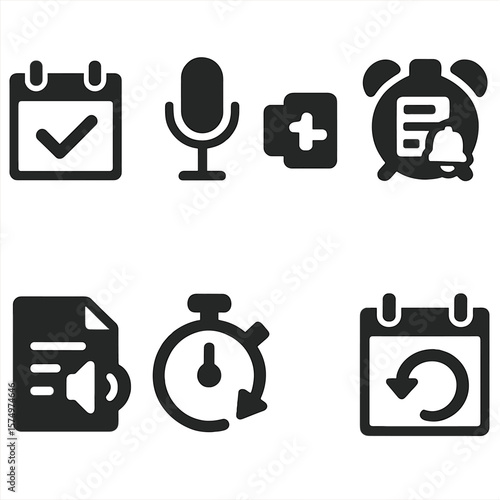Productivity Icons Collection. Solid style icons of productivity tools: calendar check, add event by voice, meeting reminder,