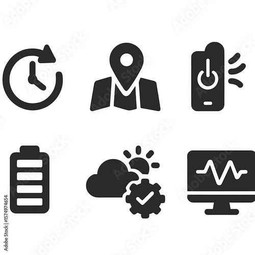 Automation Icons Collection. Solid style icons of automation conditions: time-based trigger, location-based rule, device state