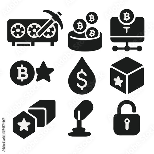 Mining and Staking Icons. Solid style icons of mining and staking: mining rig, proof of work icon, staking pool, validator node,