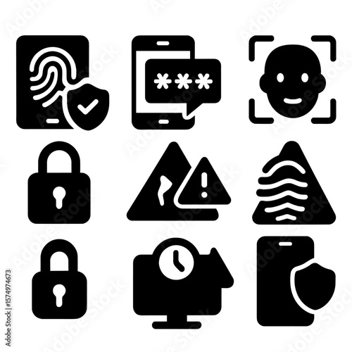 Security Icons Pack. Solid style icons of security and privacy: biometric login, 2FA icon, face ID, fingerprint scan, secure lock,