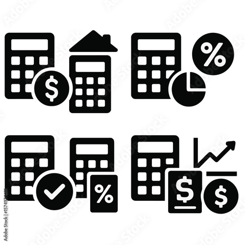 Financial Calculator Icons. Solid style icons of financial calculators: budget calculator, loan repayment tool, interest estimator