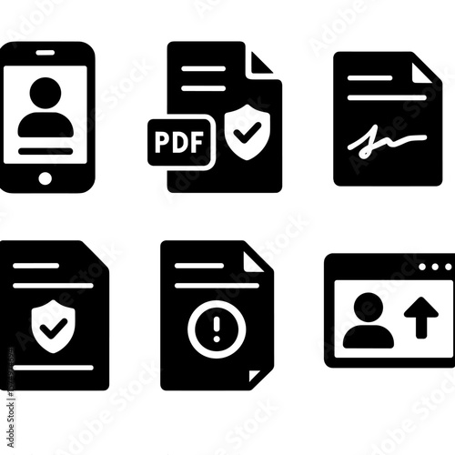 Insurance Document Icons. Solid style icons of insurance documents: digital ID card, terms PDF, insurance certificate, signed