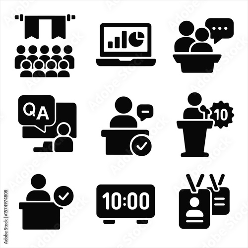 Virtual Event Icons. Solid style icons of virtual event management: sponsor banners, event analytics, virtual networking, Q&A