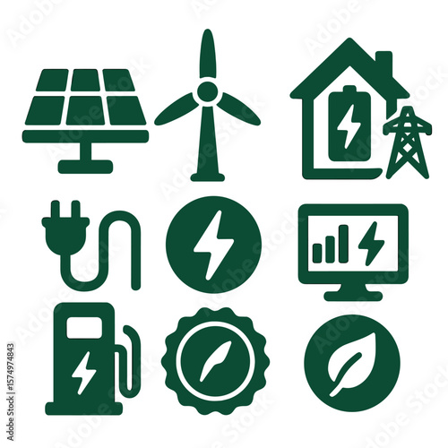 Green Energy Icons. Solid style icons of green energy solutions: solar array, windmill icon, battery icon, smart energy grid,