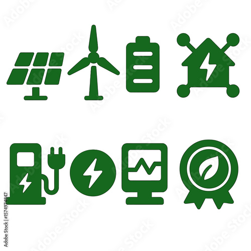 Green Energy Icons. Solid style icons of green energy solutions: solar array, windmill icon, battery icon, smart energy grid,
