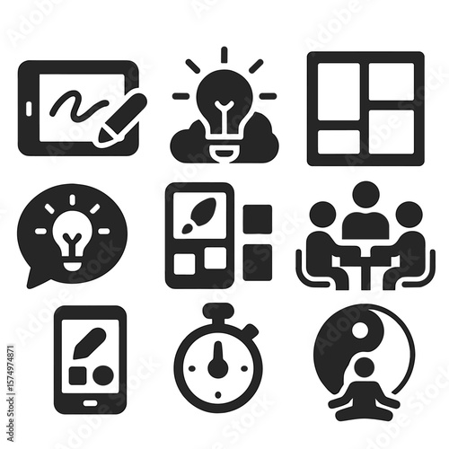 Virtual Creativity Icons. Solid style icons of virtual creativity spaces: digital sketchpad, brainstorming lightbulb, mood board