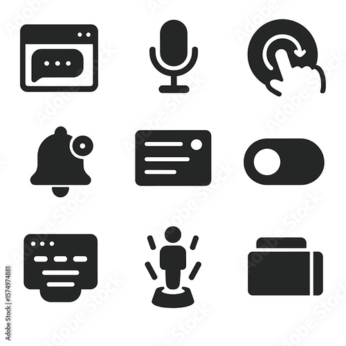 Next-Gen Interface Icons. Solid style icons of next-gen productivity interfaces: AI chatbot window, voice command microphone,