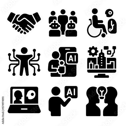AI and Society Icons. Solid vector icons of AI and society: human-AI handshake, community and robots, inclusive technology symbol,