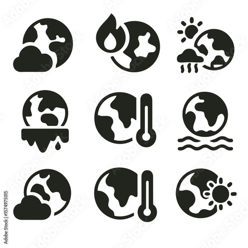 Climate Icon Set. Solid vector icons of global and climate weather: earth with clouds, global warming symbol, climate change icon,
