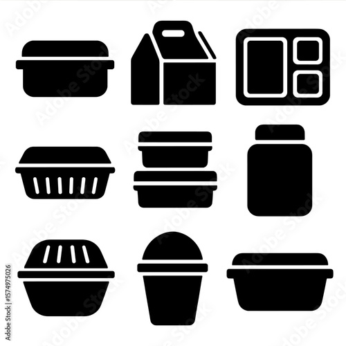 Food Container Icons. Solid vector icons of food containers: lunch box with lid, takeaway container icon, plastic food tray, foil