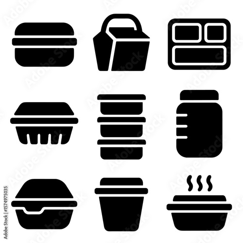 Food Container Icons. Solid vector icons of food containers: lunch box with lid, takeaway container icon, plastic food tray, foil
