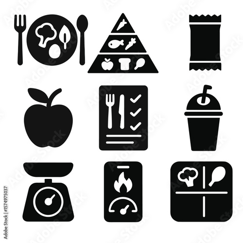 Nutrition Icon Set. Solid vector icons of nutrition and diet: healthy plate icon, balanced food pyramid, protein bar pack, apple