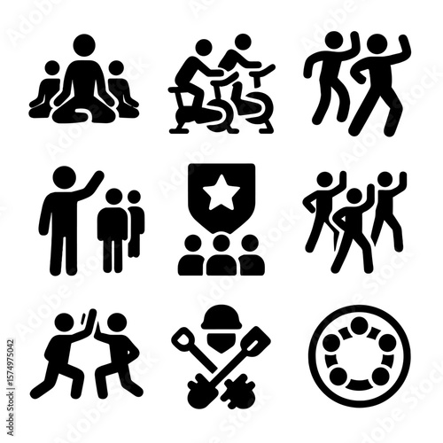 Group Fitness Icons. Solid vector icons of group fitness and classes: group yoga icon, spinning bike class, Zumba dance icon,