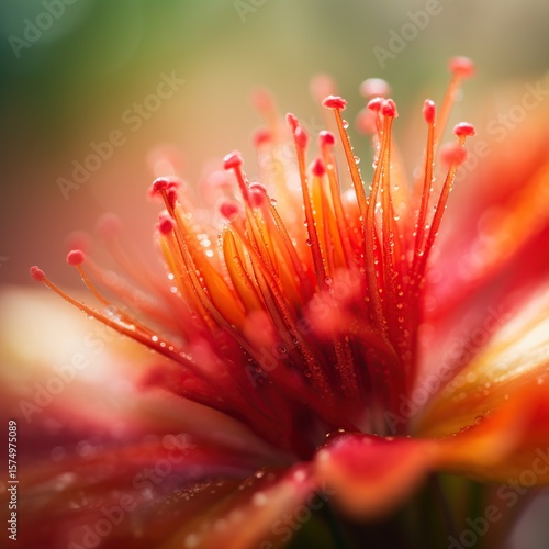 Dewy Red Flower Macro Closeup.