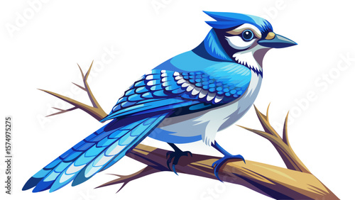 portrait Blue Jay sitting on Branch very beautiful white background