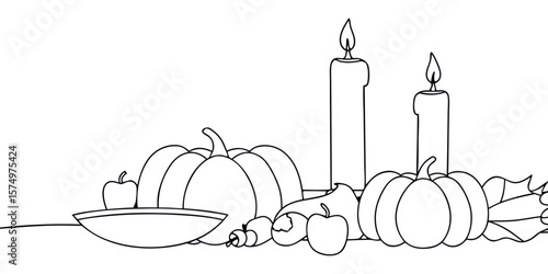 Thanksgiving still life with pumpkins candles apples leaves autumn fall