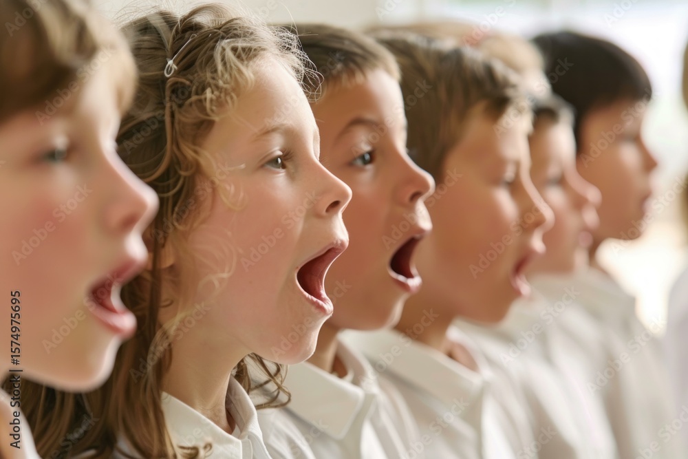 Young school choir members singing together in harmony, rehearsing for a performance, mouths wide open Young school choir members singing together in harmony, rehearsing for a performance, mouths wide open