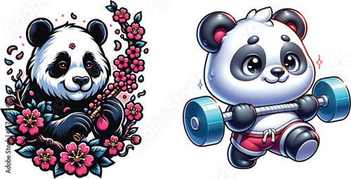 Cute panda with cherry blossoms and athletic panda lifting weights bear animal