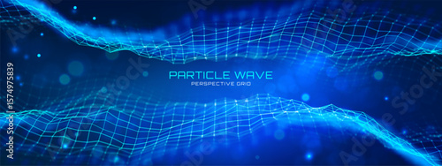 AI tech data wave with futuristic blue abstract background and light patterns. Cyber network of 3D particles and connecting lines in digital vector mesh. Modern geometric design for science, business.
