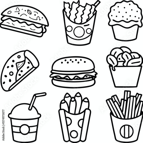 Simple black and white illustrations of various fast food items