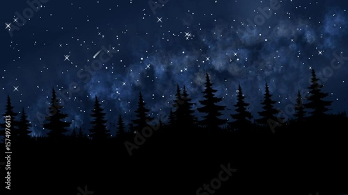 An animated night scene featuring silhouettes of pine trees, a galaxy, and shooting stars. It evokes the concept of nature, serenity, and wonder. Perfect for backgrounds in film projects, presentation