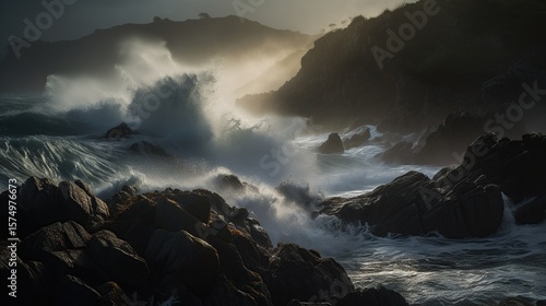 Dramatic ocean waves crashing rocks.