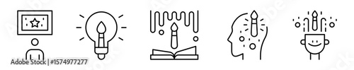 Conjunto de iconos de inspiración artística. Proceso creativo. Imaginación, idea artística, boceto, inspiración y pintar. Ilustración vectorial
