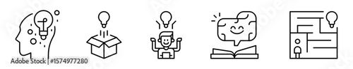 Conjunto de iconos de pensamiento creativo. Ideas originales y soluciones. Mente creativa, innovación, inspiración, aprendizaje y resolución. Ilustración vectorial 
