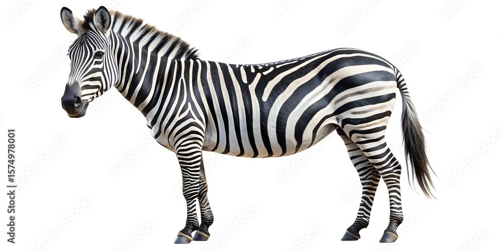 Fototapeta premium Isolated striped zebra, a wild mammal, stands against a white background, embodying nature's unique savanna wildlife