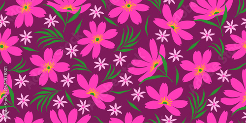 abstract Floral seamless repeat fabric vivid pink cosmos flowers for textiles, wallpaper, wrapping paper, fabric, fashion, design exotic botanical background vector illustration