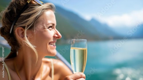 Joyful woman sipping champagne on sunny boat ride with scenic mountain view