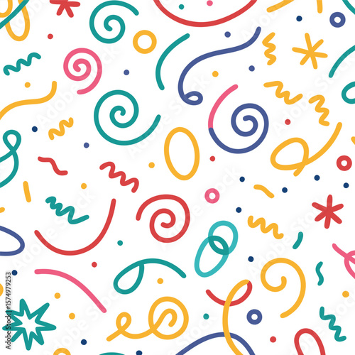 Abstract colorful pattern with swirls, lines, and shapes
