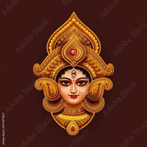 Hindu Goddess Durga Face Illustration with Decorated Traditional Golden Ornament Elements