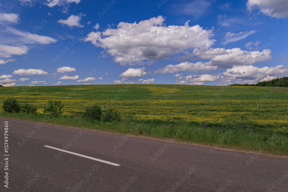 Fototapeta premium Highway wide road, transport and blue sky with clouds on a summer day