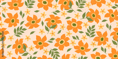 Hand drawn exotic flowers Tropical Orange Floral Seamless Print for textiles, wallpaper, wrapping paper, fabric, fashion, tropical design exotic botanical background vector illustration