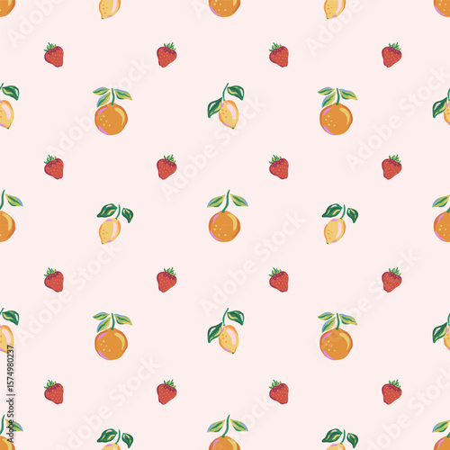 Summer seamless pattern with hand-drawn oranges, lemons, and strawberries. Hand drawn Mediterranean fruit vector design. Summer harvest and fresh food concept. Design for textile, wallpaper, wrapping
