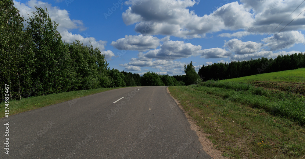 Fototapeta premium Road in the countryside, roadside and asphalt, green forest and fields, blue sky and clouds 
