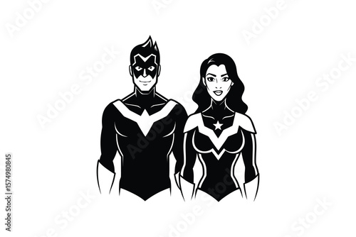 Superhero Couple Black and White Illustration in Silhouette Style silhouette