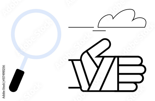Magnifying glass with thumbs-up gesture and cloud, suggesting success, approval, and searching for solutions. Ideal for business, teamwork, motivation, productivity, problem-solving technology