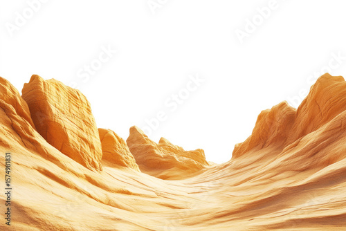 Panoramic view of a desert canyon with textured sandstone cliffs against white background