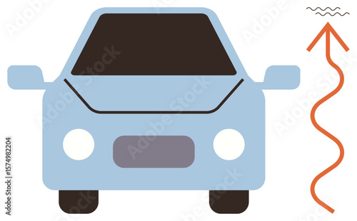 Blue car front view with orange wavy lines rising upward. Ideal for vehicle energy, air pollution, emission, sustainability, environmental issues, climate impact, simple flat metaphor