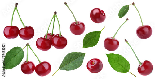 Ripe red cherries and green leaves on white background, collage