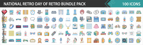 National Retro Day & Vintage Culture Vector Icons Bundle Pack - Flat Design Illustrations for Nostalgia & Past Decades