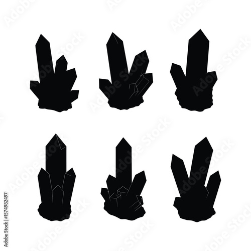 Six stylized black silhouettes of crystalline formations, showcasing variations in shape and size.