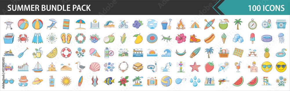 Fototapeta premium Summer Vacation & Beach Holiday Vector Icons Bundle Pack - Flat Design Illustrations for Seasonal Fun