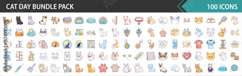 100 Cat Day Bundle Pack - Comprehensive Feline, Pet Care, and Animal Lifestyle Vector Icons Collection
