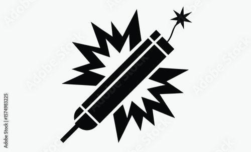 Dynamite stick silhouette, Dynamite stick with lit fuse flat vector icon for games and website  