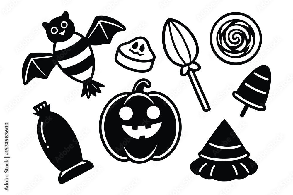 Fototapeta premium Black halloween bat pumpkin ghost candy lollipop vector